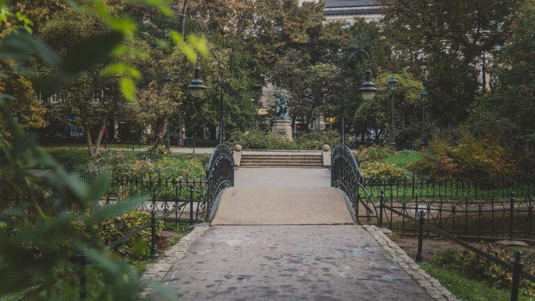 שדרת עצים ושבילים בפארק עירוני ירוק בקרקוב, פולין